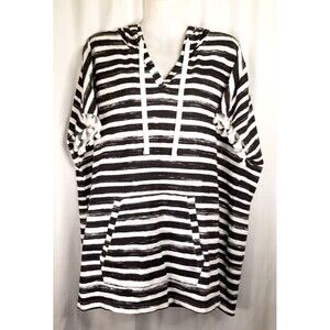 Women's Onque Casual Hoodie Top Pom-Pom Sleeve Accent Pocket Black White Size 1X